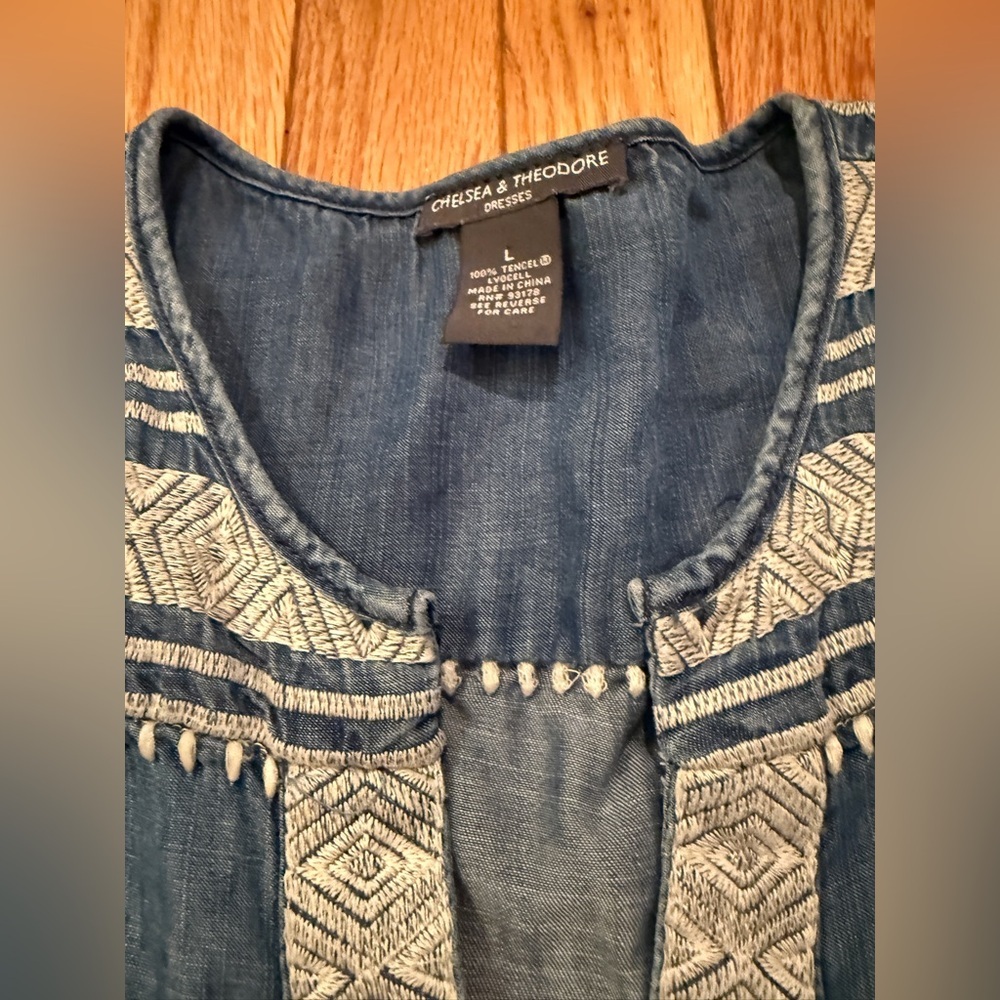 Chelsea & Theodore Denim Blue Knee Length Dress with Geometric Embroidery - Picture 3 of 5